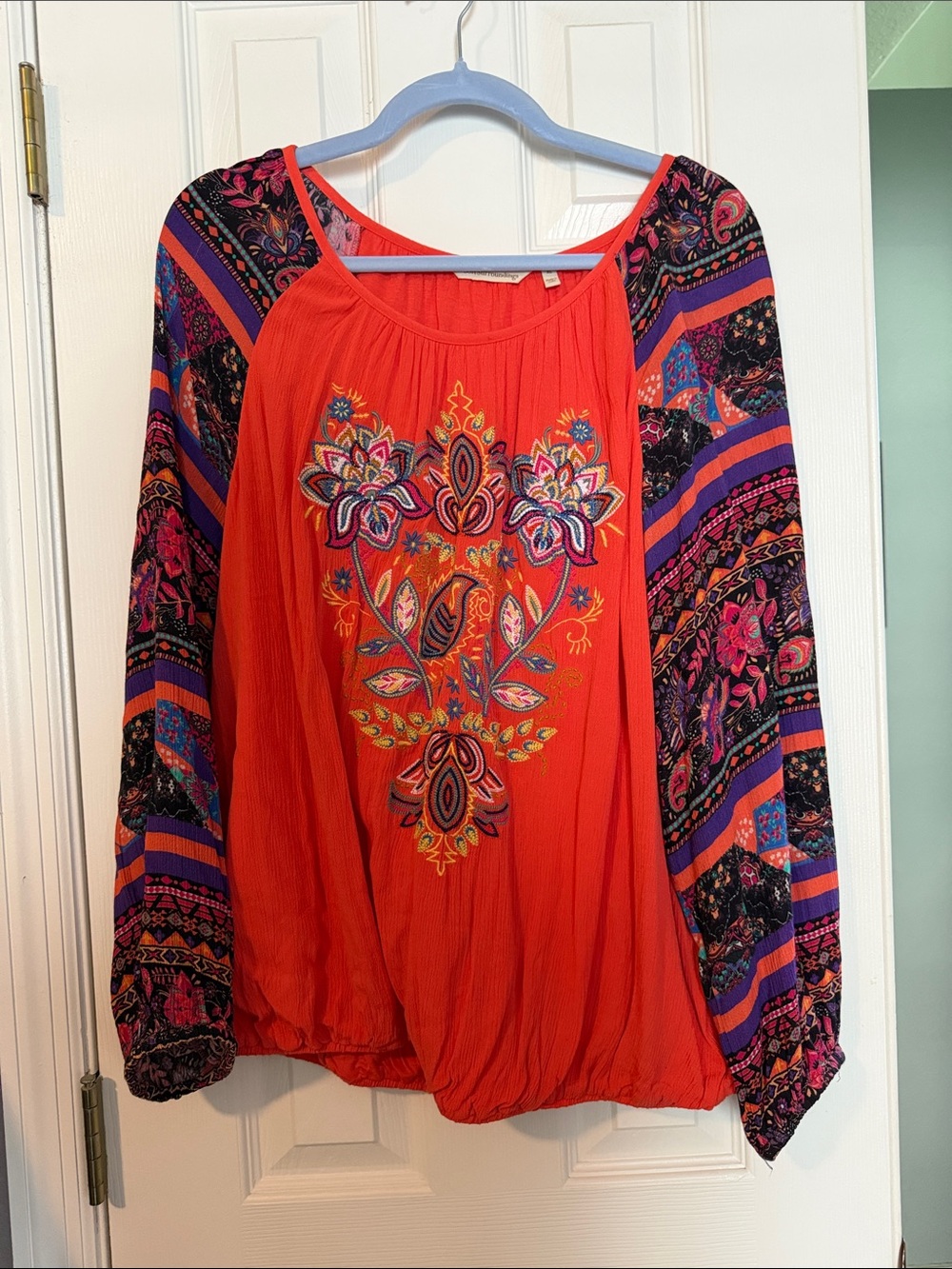 Soft Surroundings Coral Red Embroidered Boho Blouse with Patterned Long Sleeves